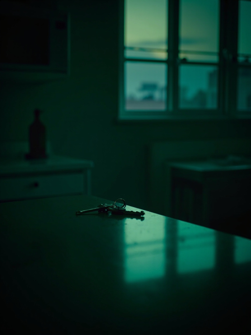House keys on the kitchen bench of an empty rental apartment