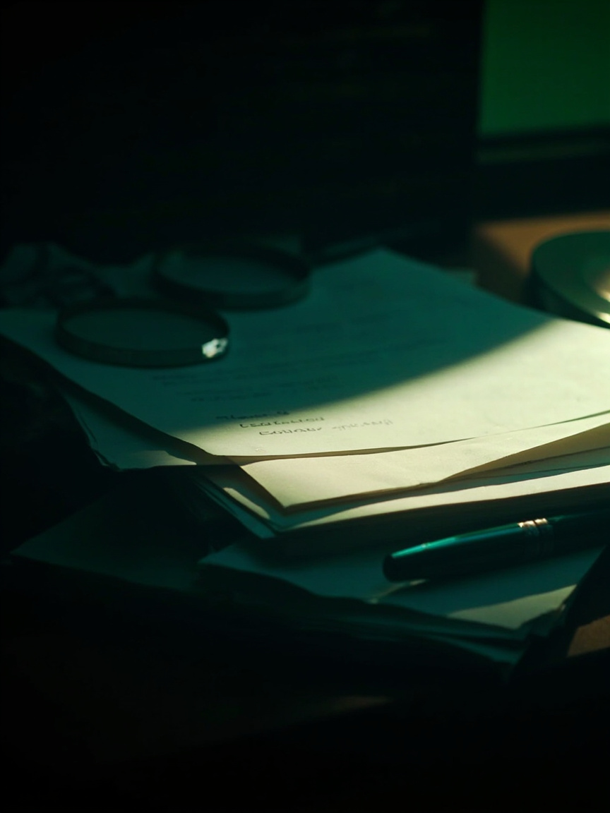 Official letters and documents on a dark desk under a single light