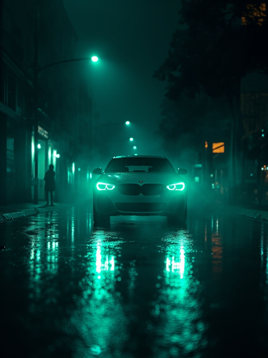 A car on a wet city street at night, headlights reflecting on the road